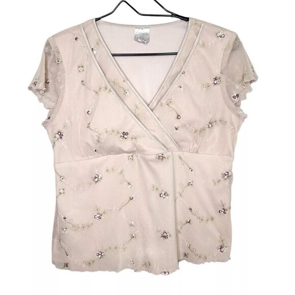 Vtg Baby Doll Top Women L Pale Fairy Y2K Top Lettuce Hem Cottagecore Mesh Floral - Picture 1 of 11